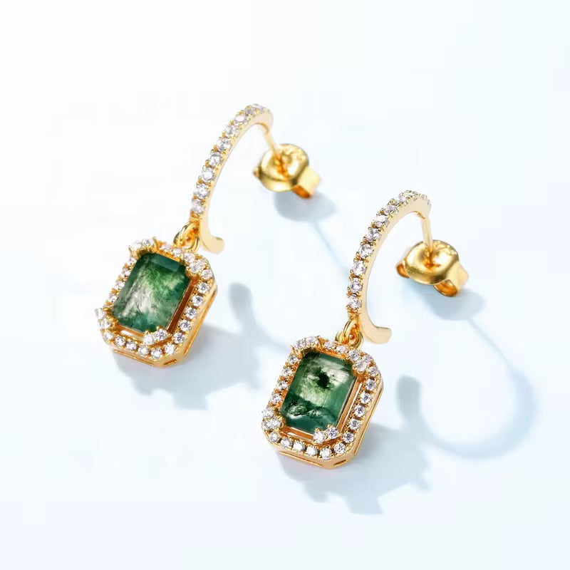 925 Silver 4*4mm Natural Moss Agate Drop Earrings