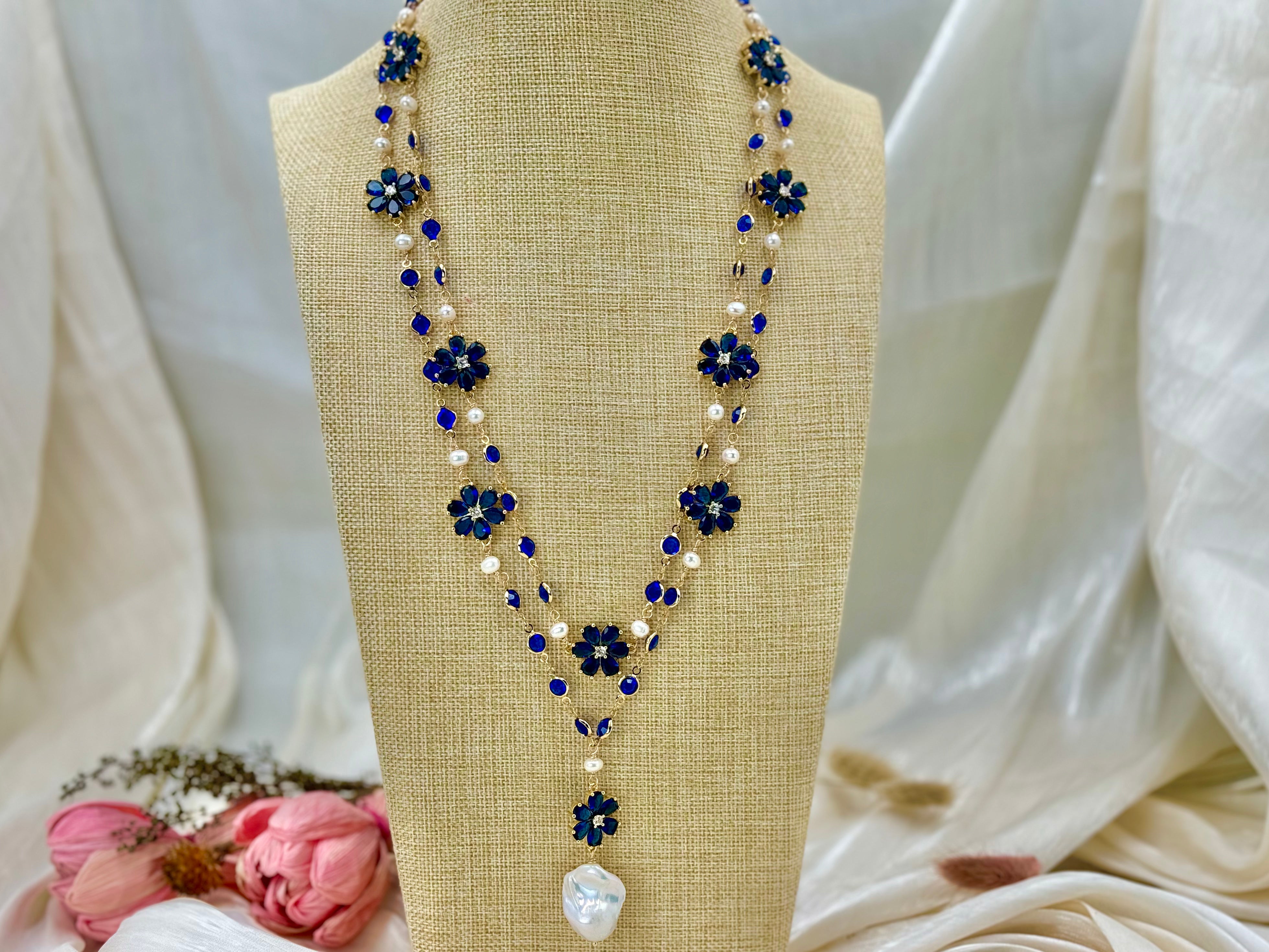 Blue floral cultured baroque pearl drop necklace