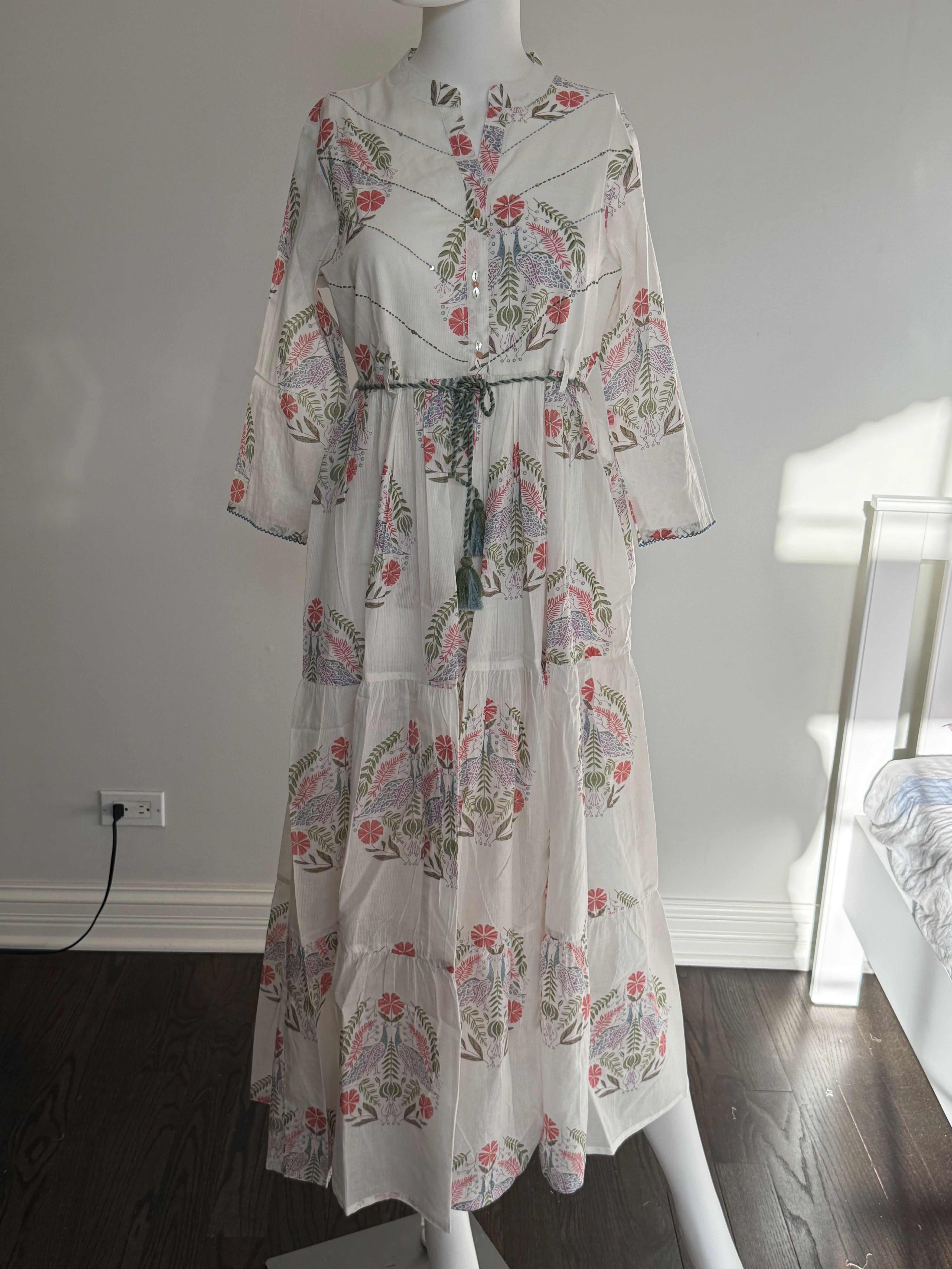 Cotton Boho Floral Print Maxi Dress for Women – Tiered Tassel Tie Summer Dress