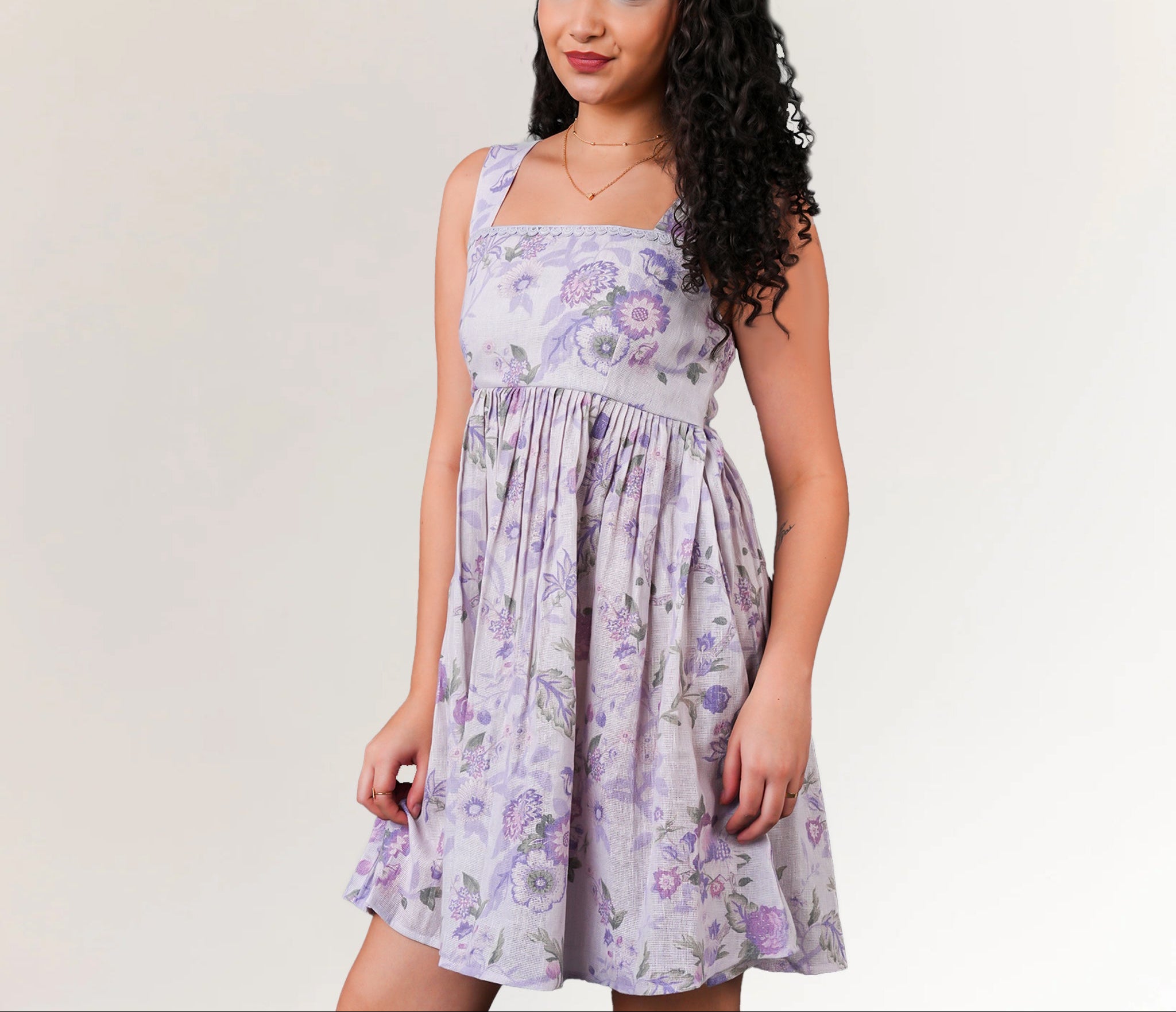 Lilac cotton jute floral A-line dress for women