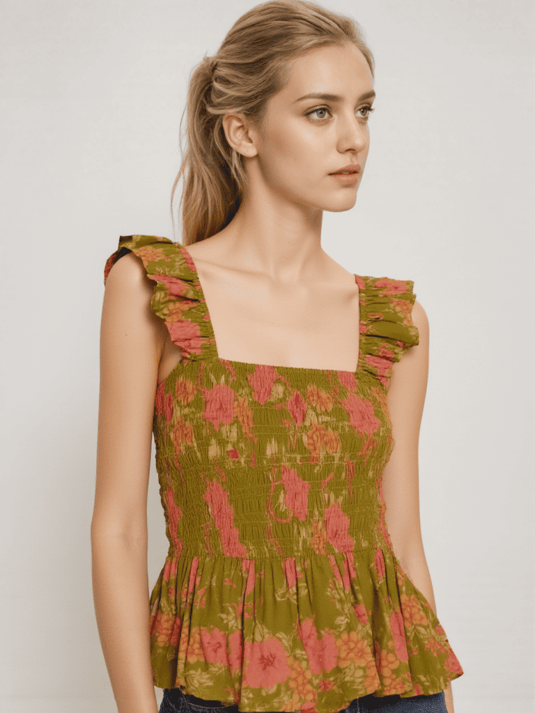 Floral Cotton Smocked Peplum Top for Women