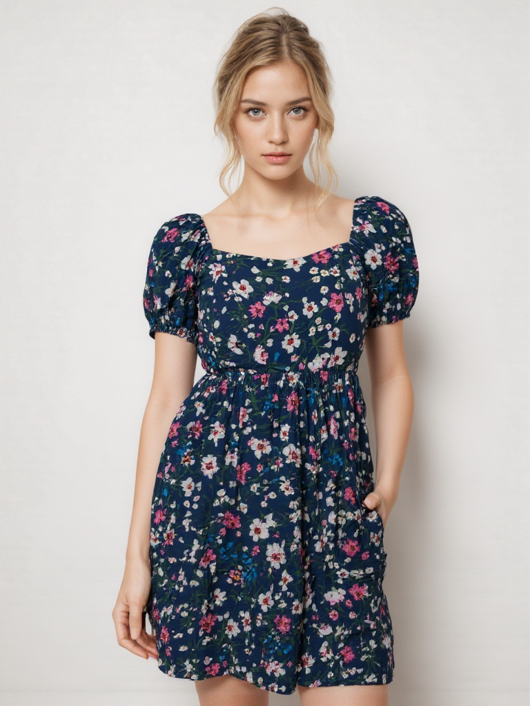 Handloom Cotton Floral Mini Dress – Summer Puff Sleeve Dress