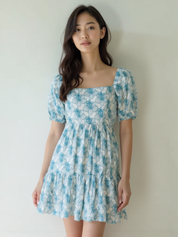 Pure Cotton Floral Puff Sleeve Mini Dress for Women