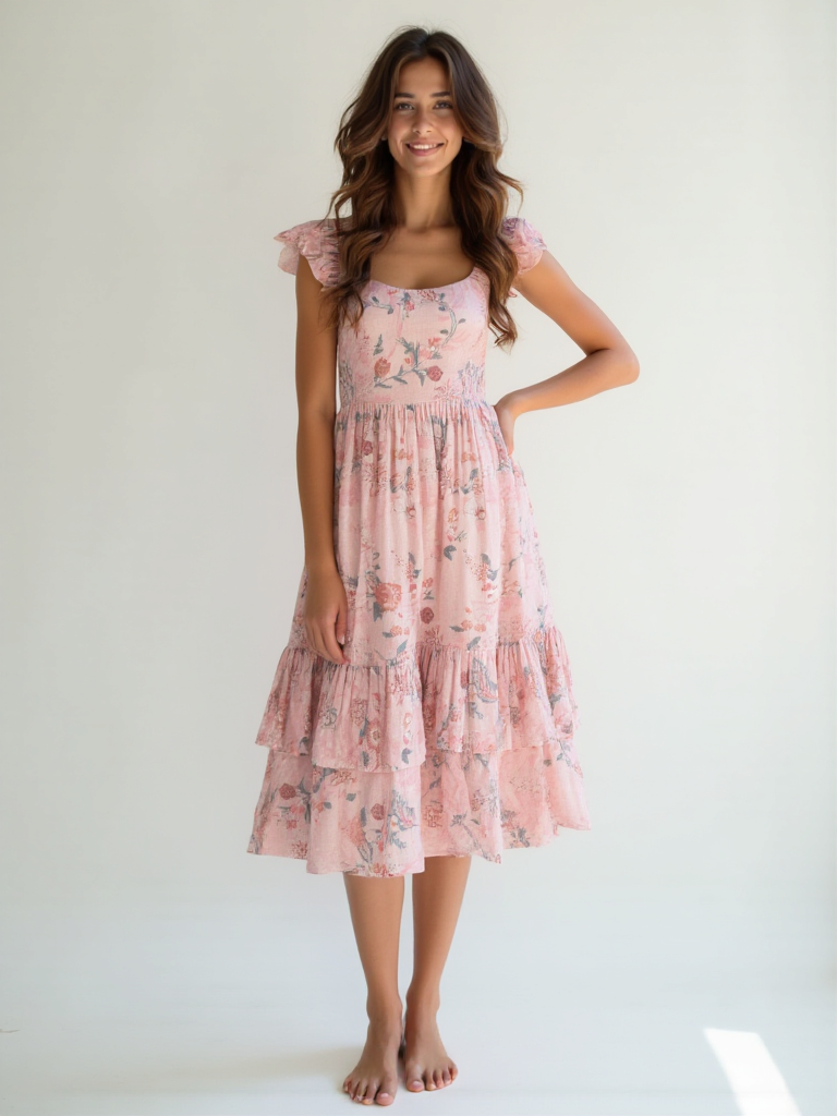 Cotton Jute Floral Tiered Maxi Dress for Women