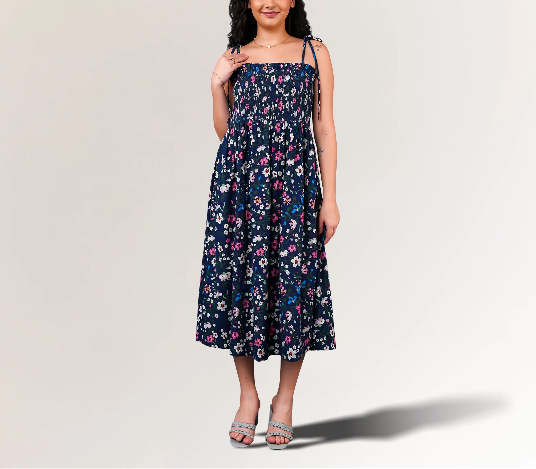 Navy handloom cotton floral midi dress for women
