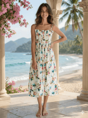 Pure cotton floral midi dress for women smocked summer sundress