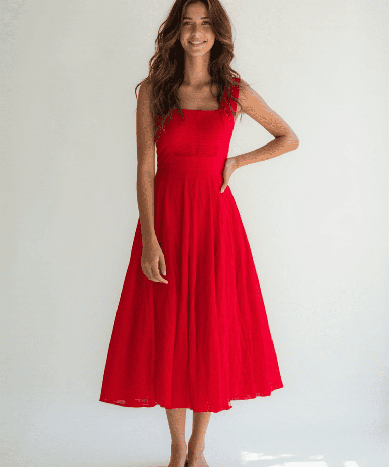 Pure cotton red midi dress for women A-line sleeveless summer wear 