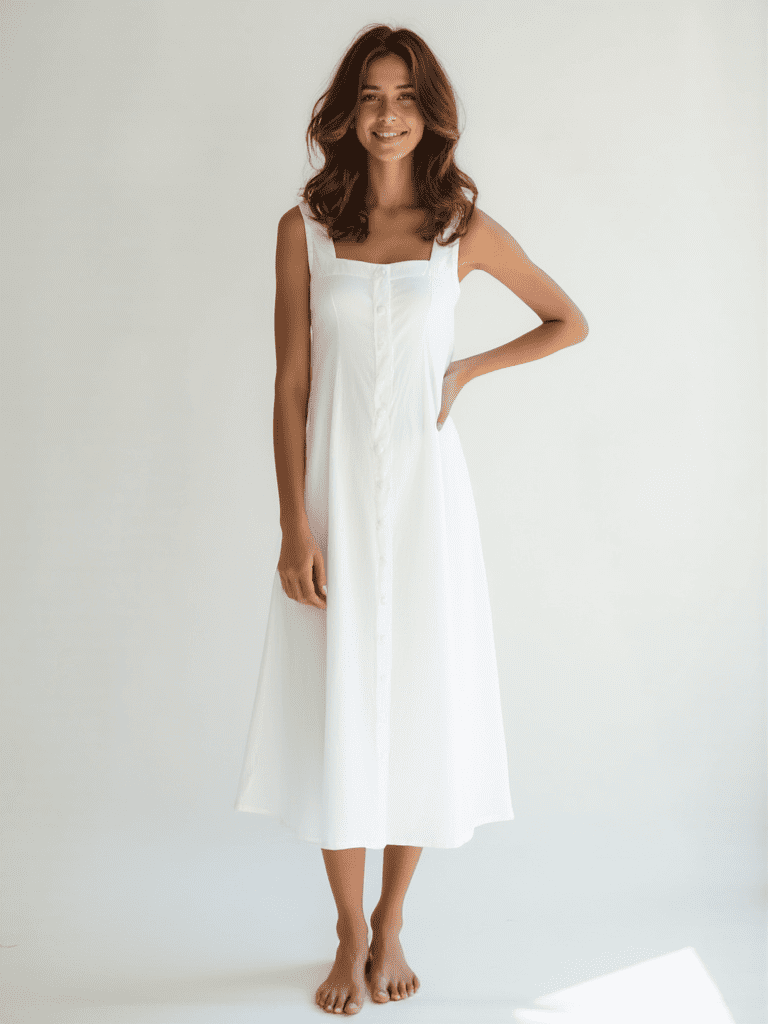 Pure cotton white midi dress for women A-line button-down summer wear