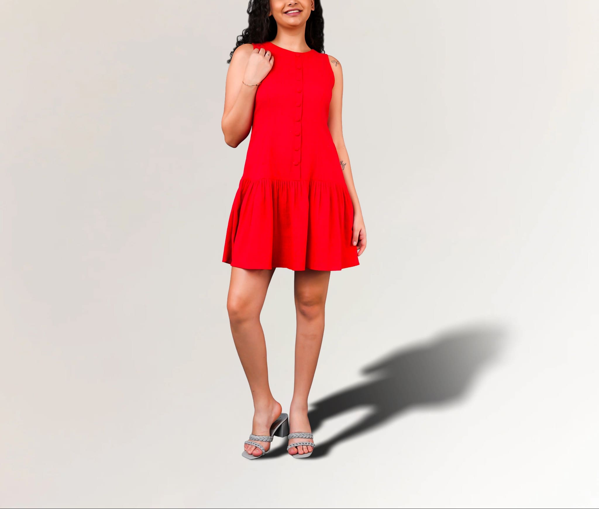 Red cotton mini dress for women with button front