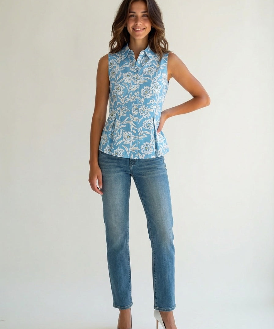 Woman wear sleeveless blue floral top  bestootd, ariastop.com, alibaba