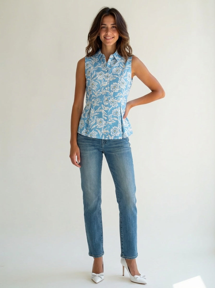 Woman wear sleeveless blue floral top  bestootd, ariastop.com, alibaba