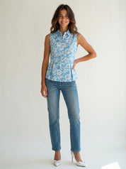 Woman wear sleeveless blue floral top  bestootd, ariastop.com, alibaba
