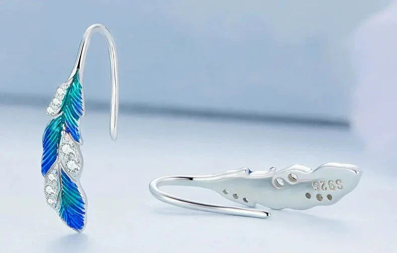 925 Sterling Silver Blue Feathers Earrings