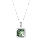 925 Silver 9*9mm Natural Moss Agate Pendant Chain