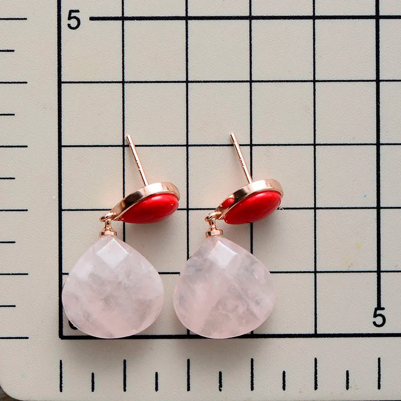 Natural Rose Quartz Teardrop Gemstone Stud Earrings