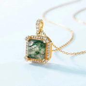 925 Silver 9*9mm Natural Moss Agate Pendant Chain