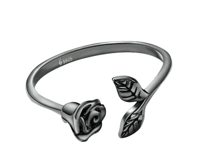 925 Sterling Silver Black Rose Open Ring