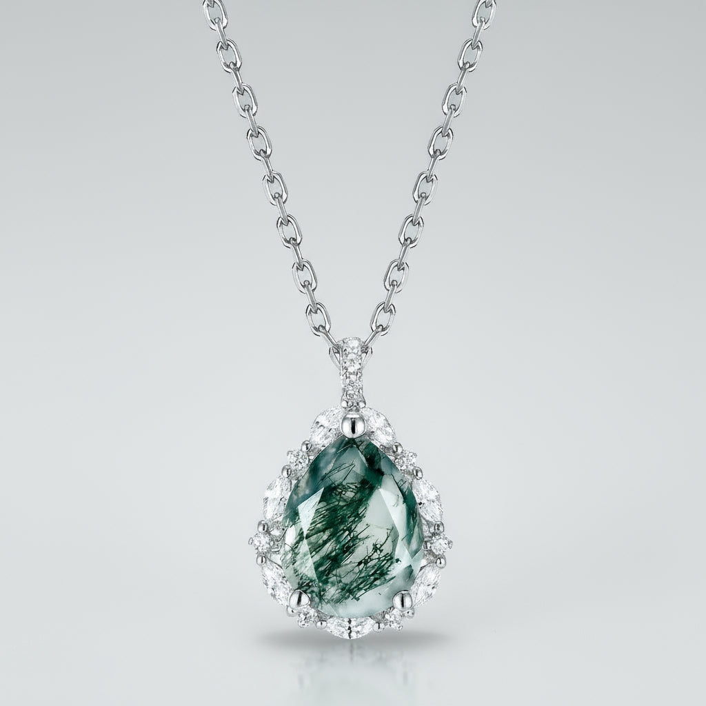 925 Silver Water Drop Moss Agate Pendant Necklace