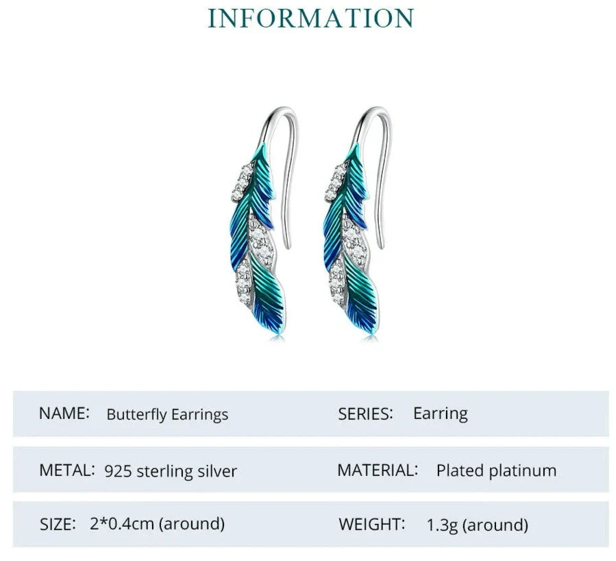 925 Sterling Silver Blue Feathers Earrings