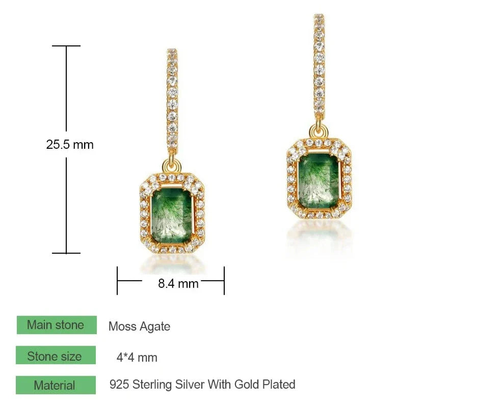 925 Silver 4*4mm Natural Moss Agate Drop Earrings