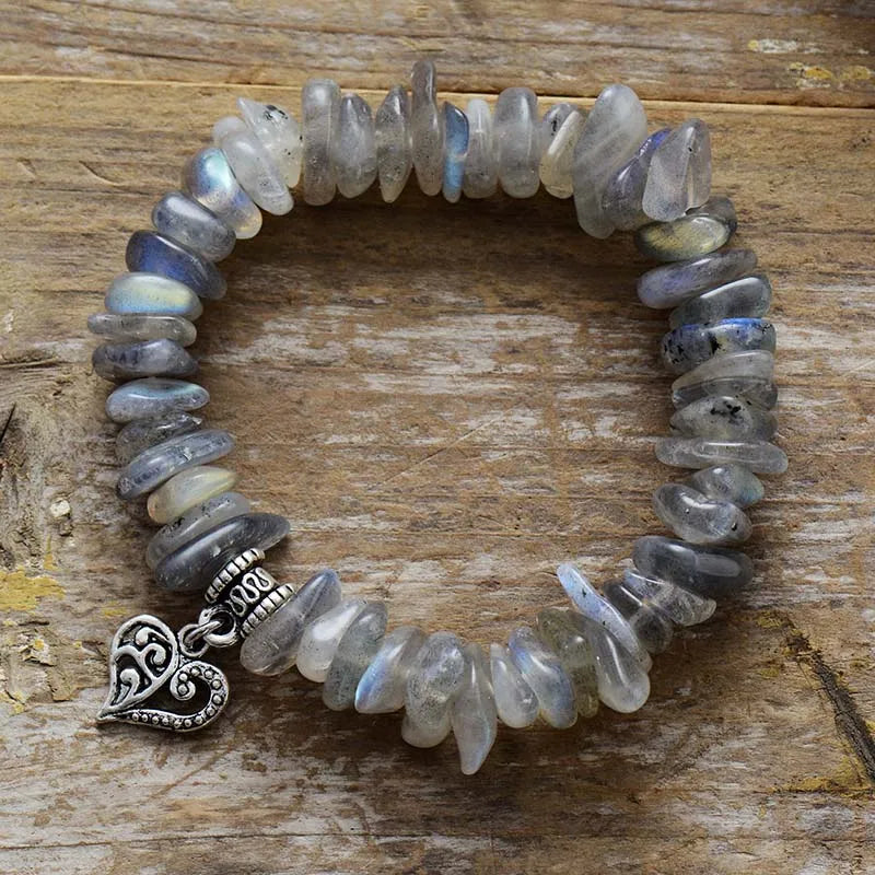 Natural Labradorite Heart Charm Stretch Gemstone Bracelet