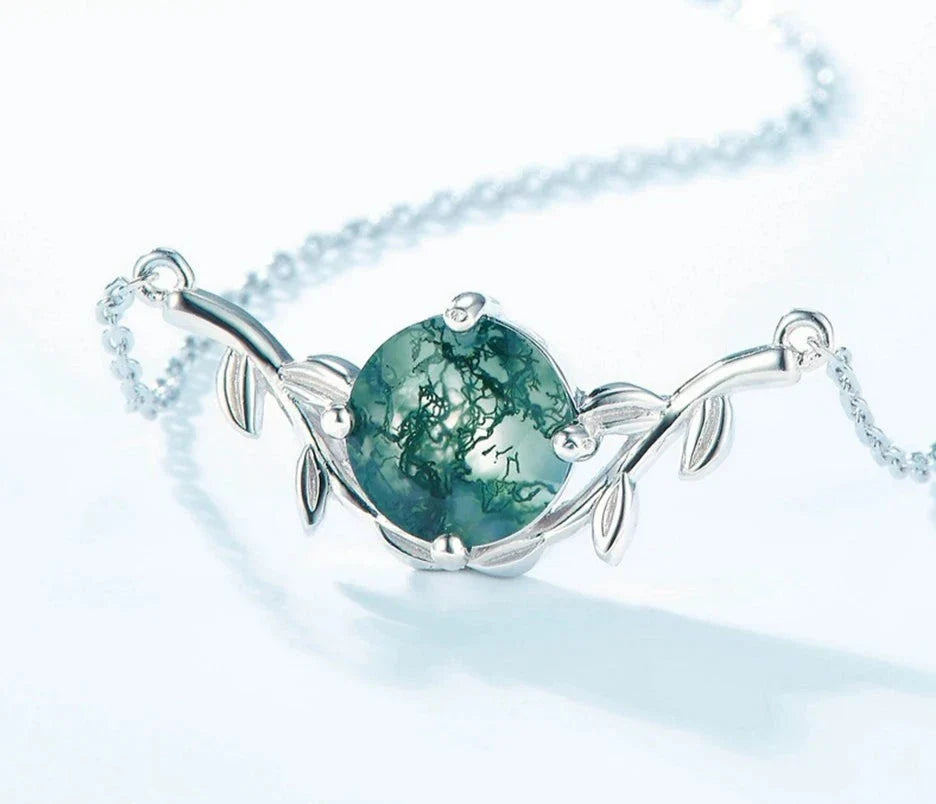 925 Silver 8*8mm Natural Moss Agate Necklace