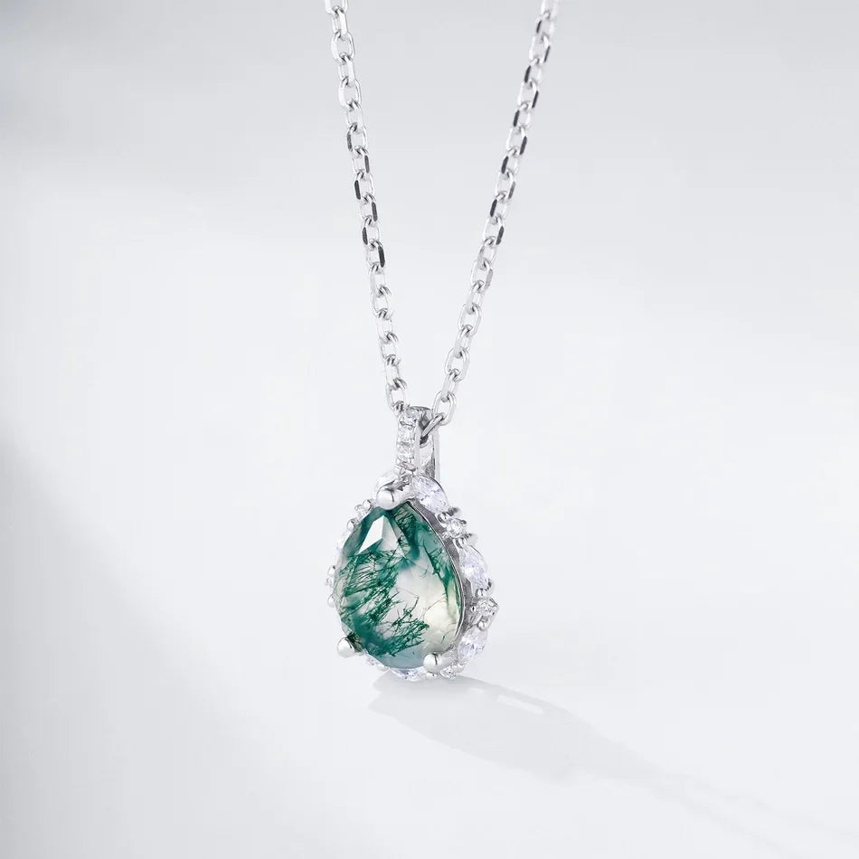 925 Silver Water Drop Moss Agate Pendant Necklace