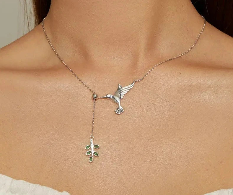 925 Sterling Silver Bird Leaf Pendant Necklace