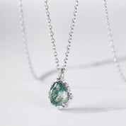 925 Silver Water Drop Moss Agate Pendant Necklace
