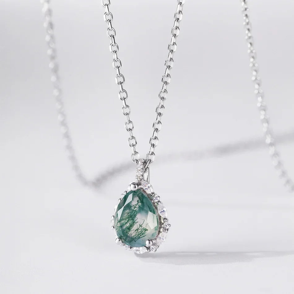 925 Silver Water Drop Moss Agate Pendant Necklace