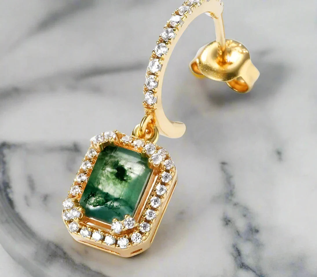 925 Silver 4*4mm Natural Moss Agate Drop Earrings