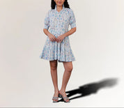 Cotton Dobby Floral Mini Dress for Women in Sky Blue