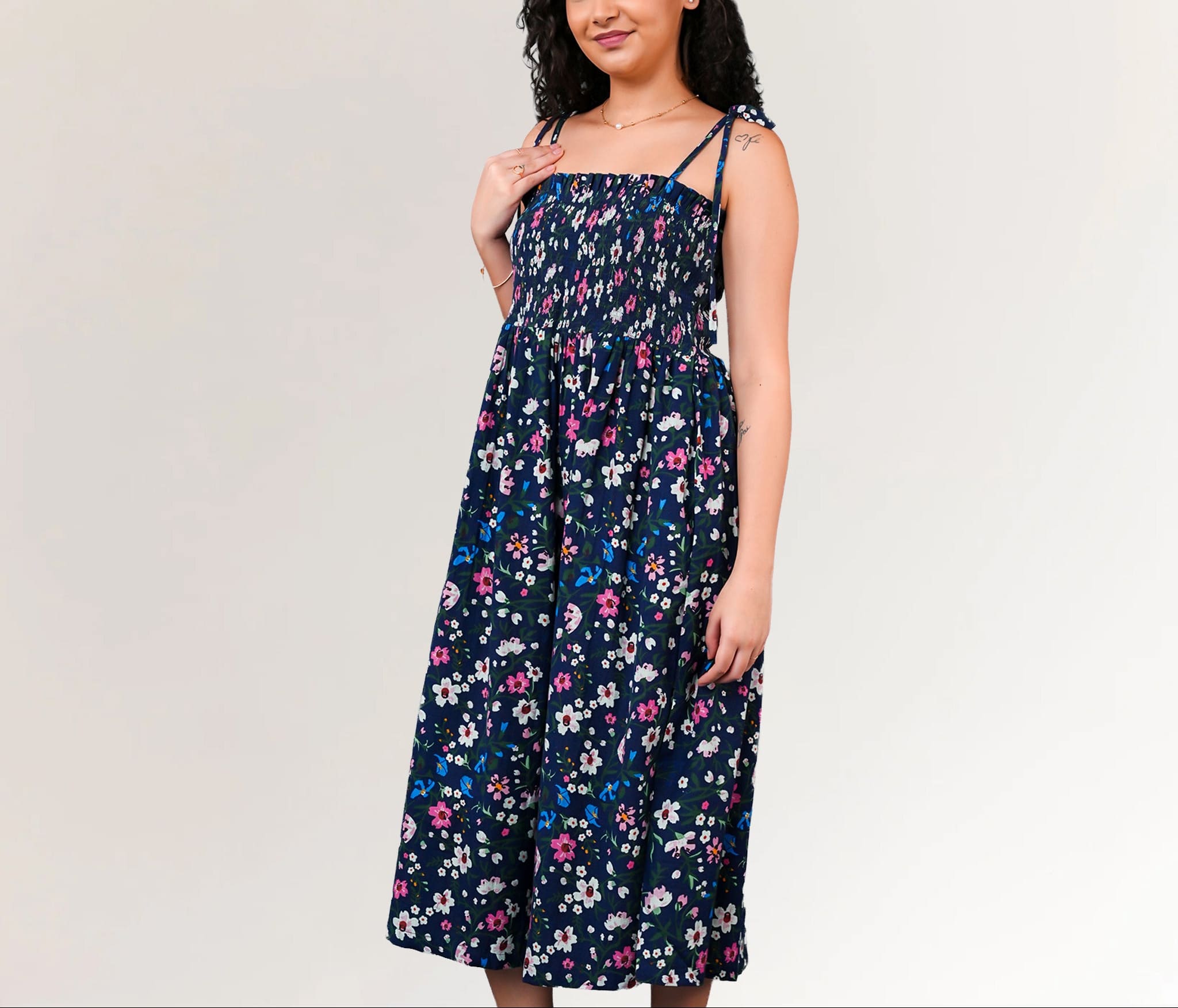 Smocked bodice cotton midi dress with tie straps