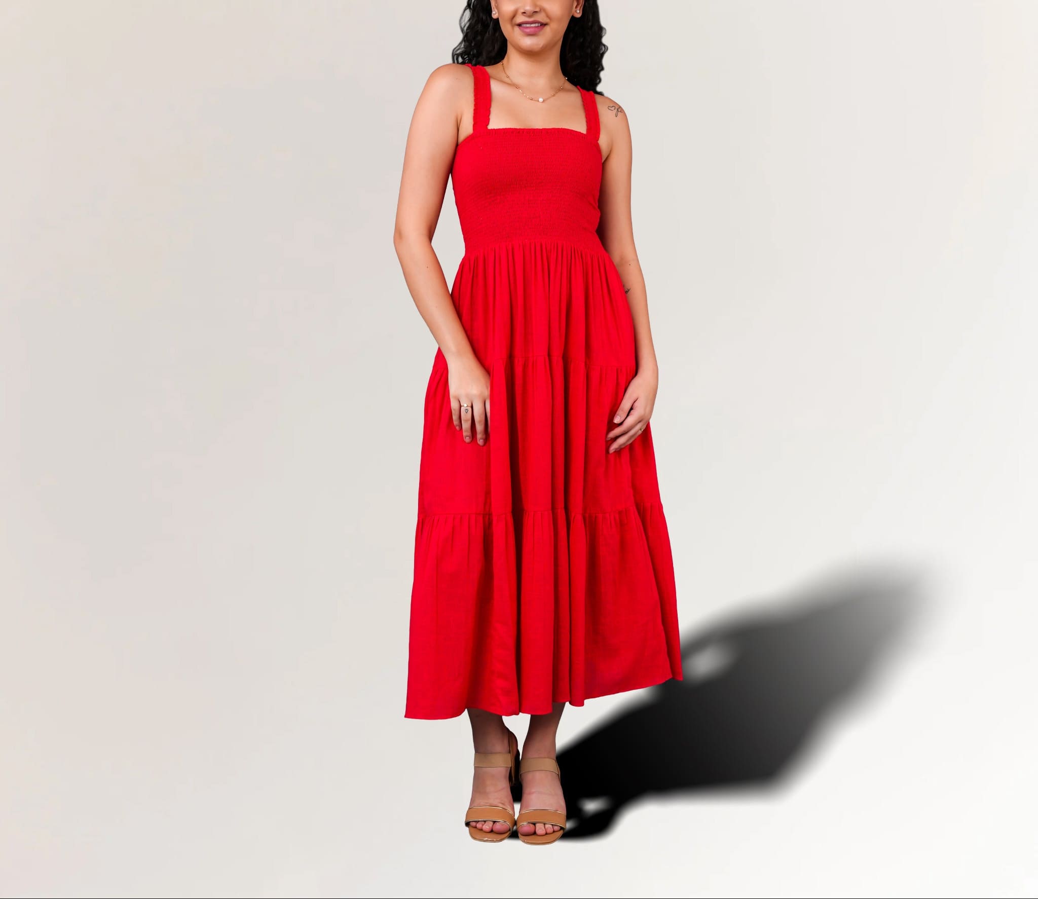 Red Cotton Midi Dress for Women