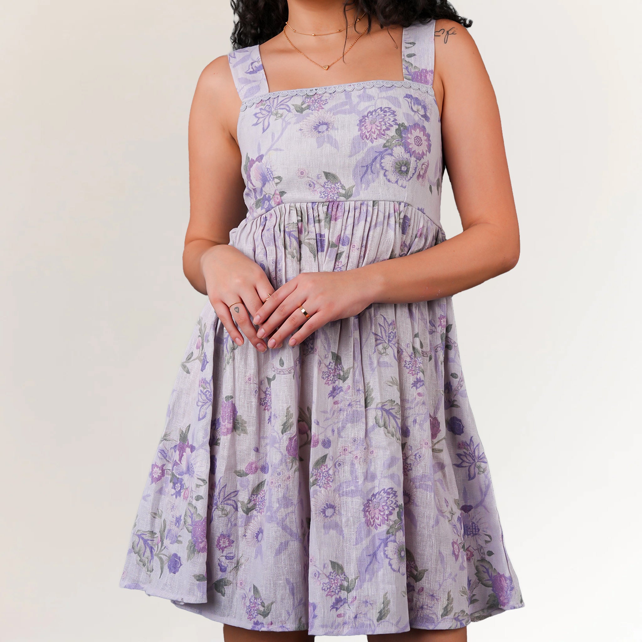 Square neck cotton jute summer mini dress