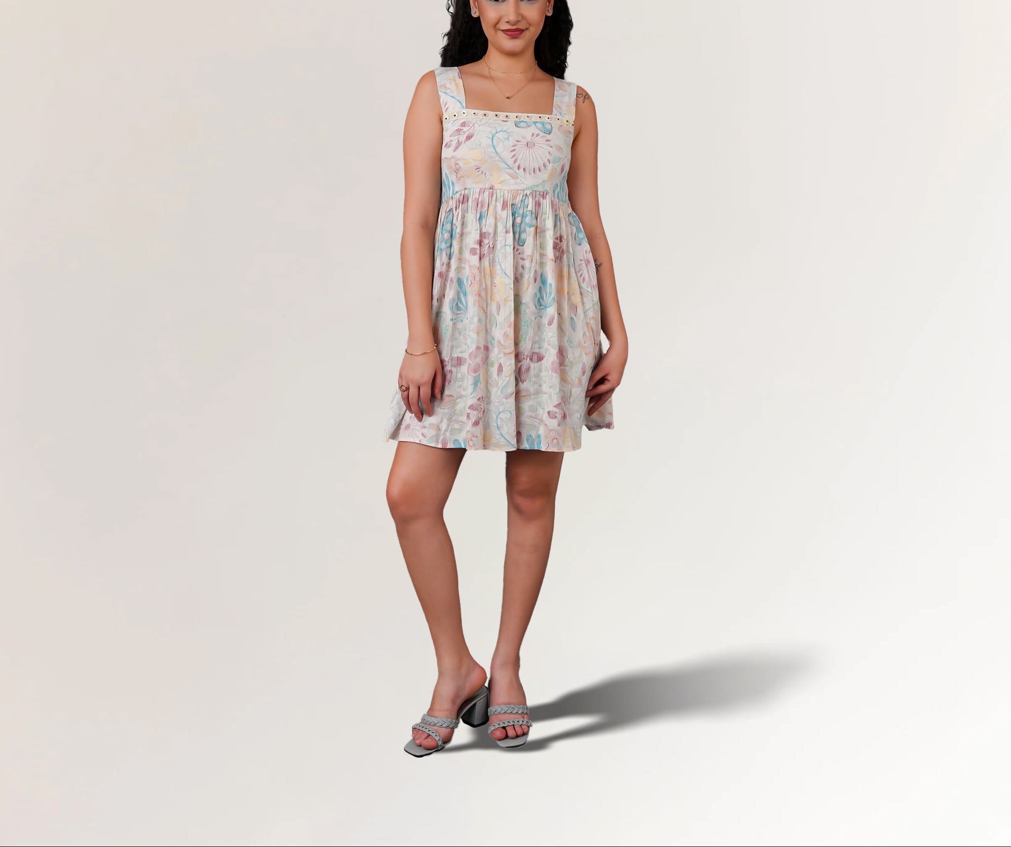 Square neck pastel floral summer dress