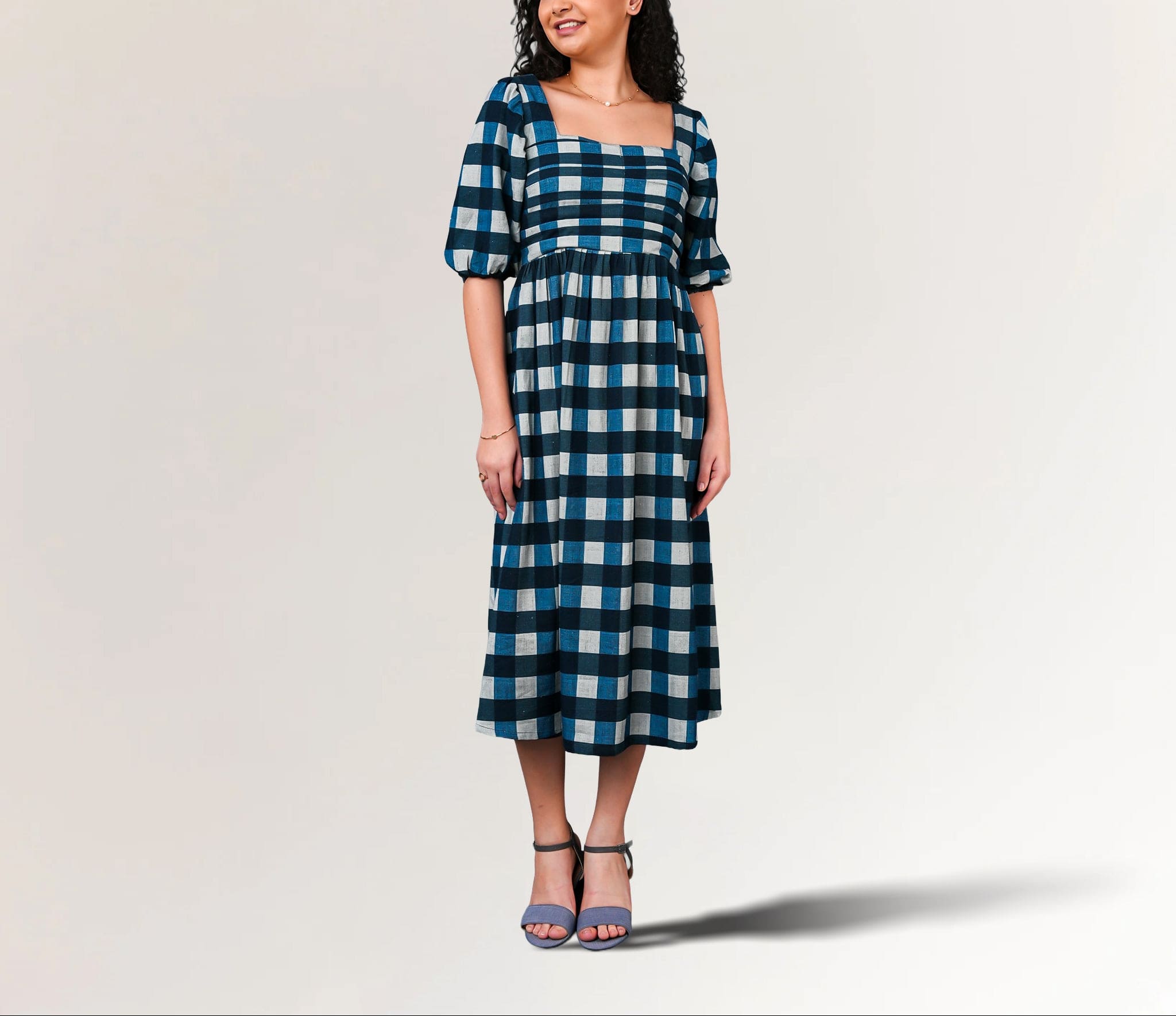 Square neck puff sleeve cotton midi dress
