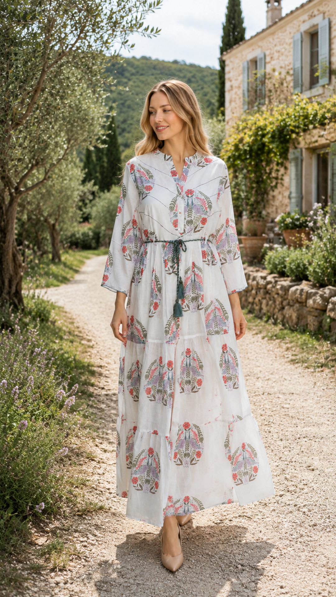 Cotton Boho Floral Print Maxi Dress for Women – Tiered Tassel Tie Summer Dress