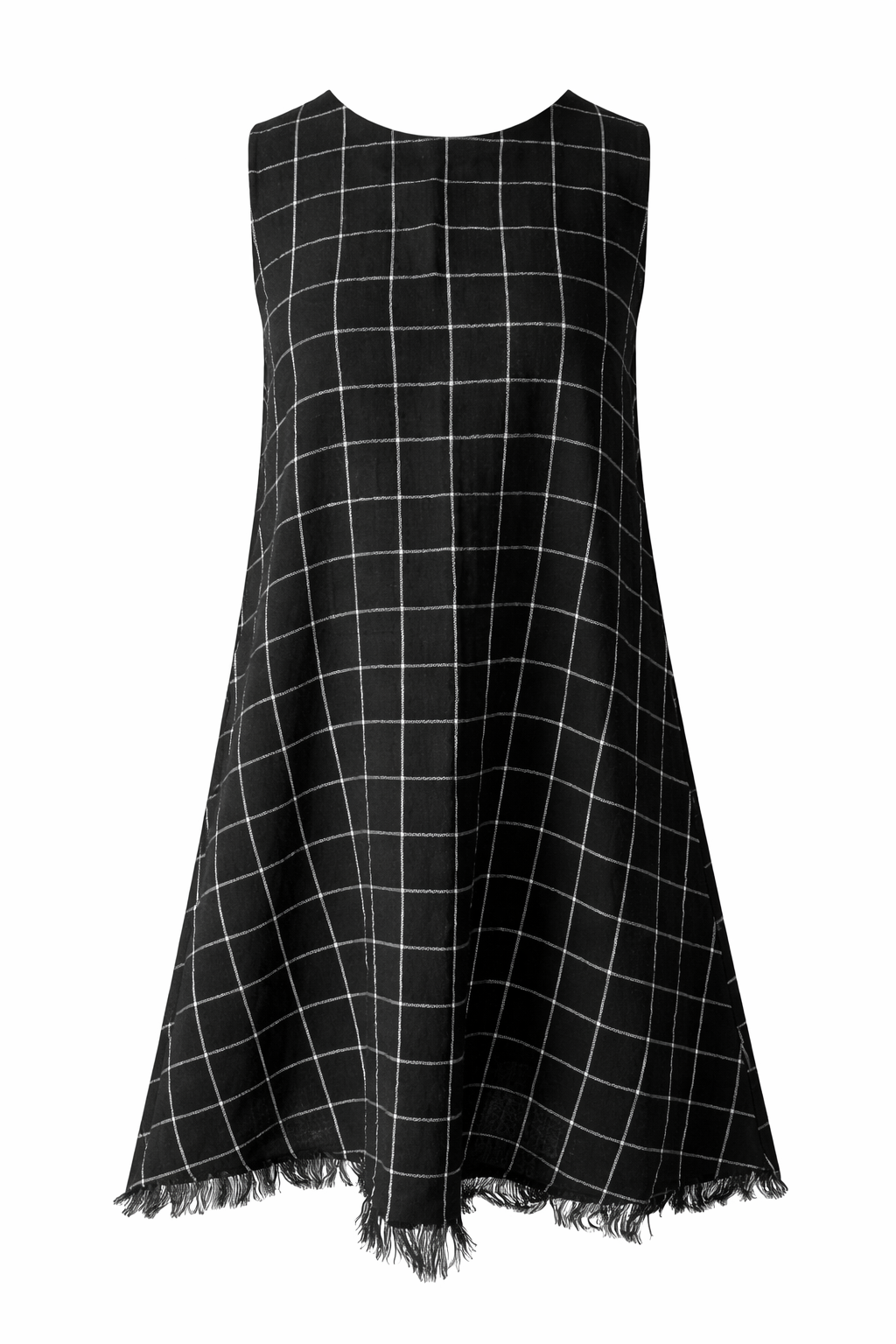 Relaxed A-line cotton linen shift dress with black and white check
