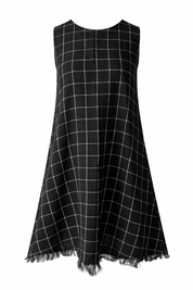 Relaxed A-line cotton linen shift dress with black and white check