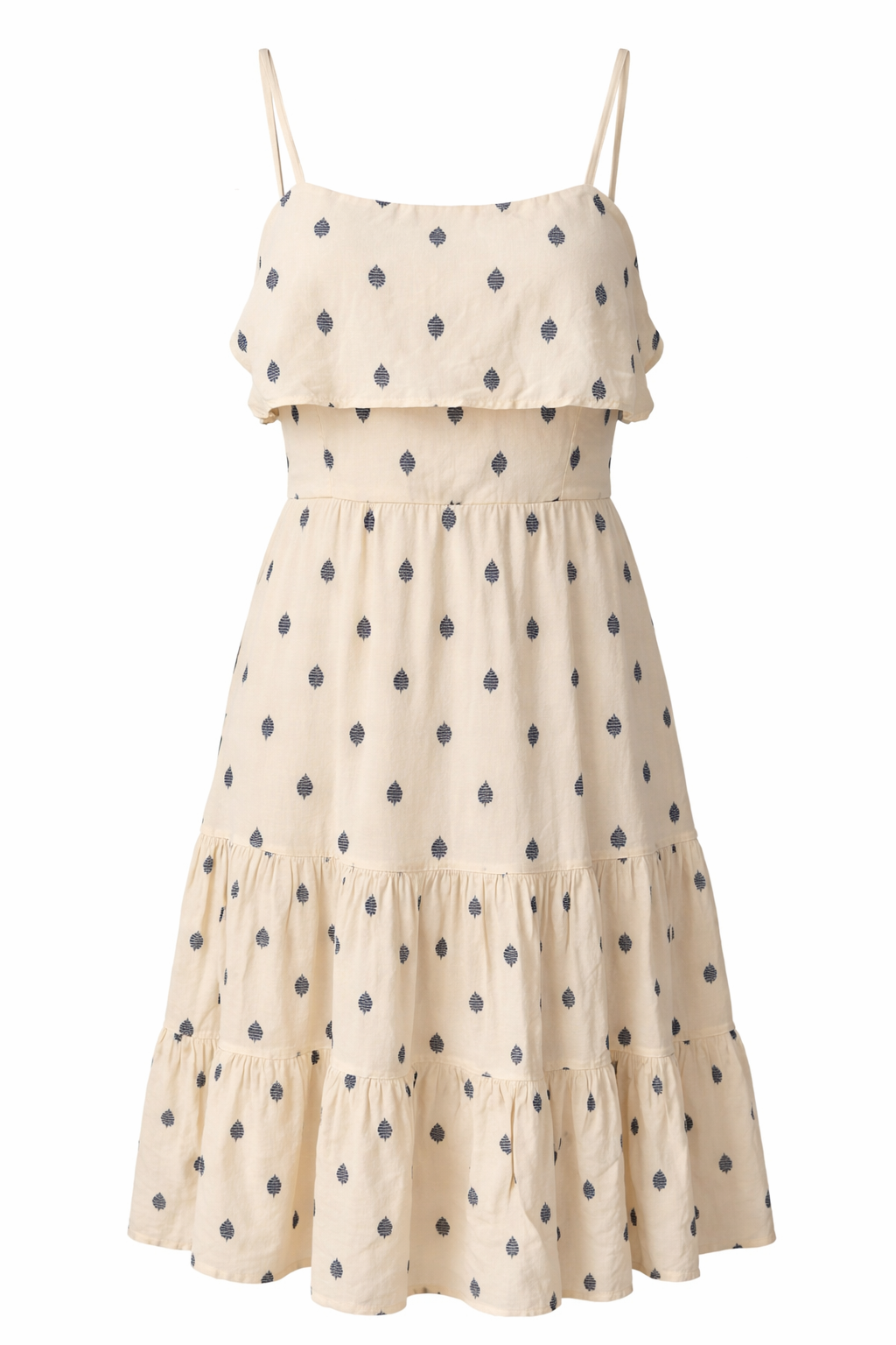 Adjustable spaghetti strap cotton midi dress with navy leaf print