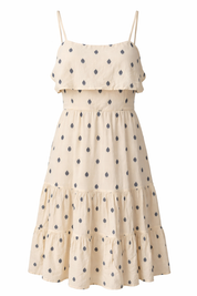 Adjustable spaghetti strap cotton midi dress with navy leaf print