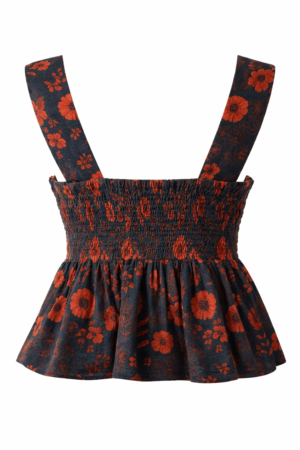 Floral patterned dress with suspenders on a white background
