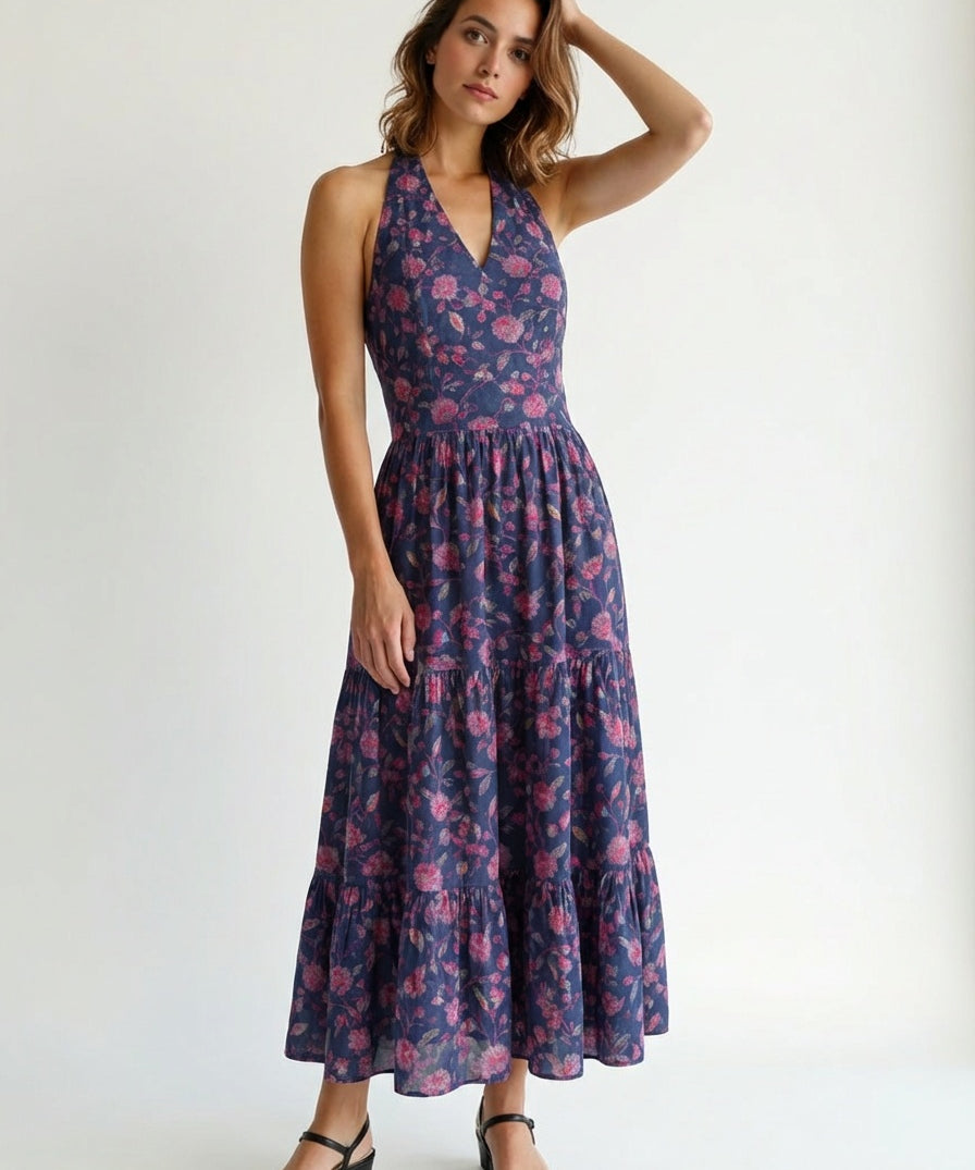 Woman wearing a floral dress moonlight ripples