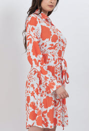 Botanical print belted shirt dress with A-line silhouette