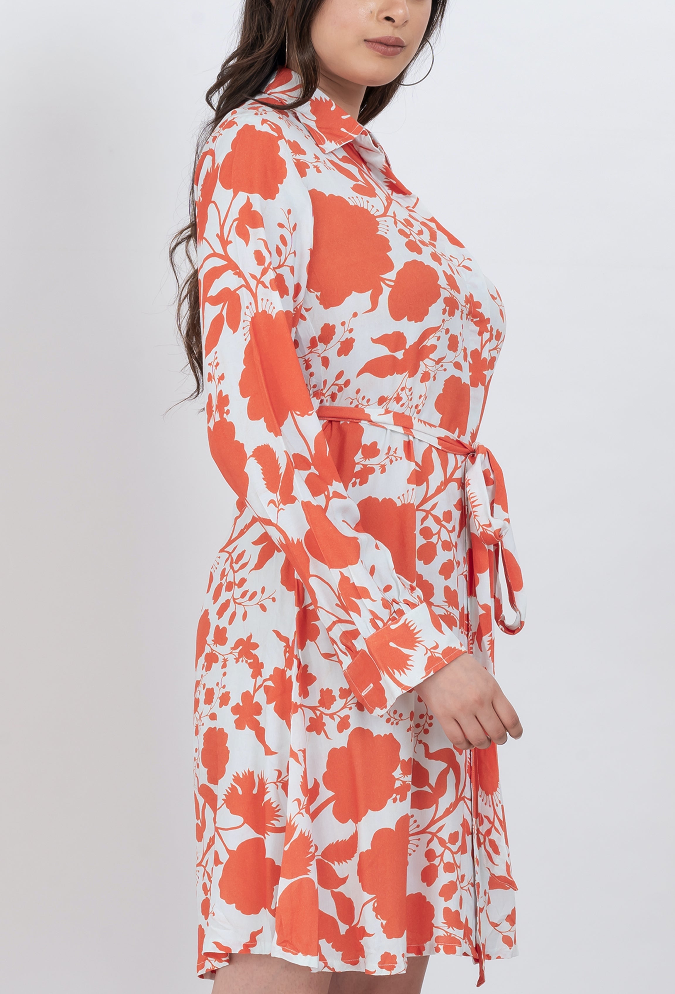 Botanical print belted shirt dress with A-line silhouette