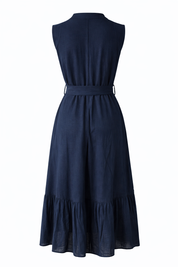Mandarin Collar Tie Belt Cotton Midi Dress