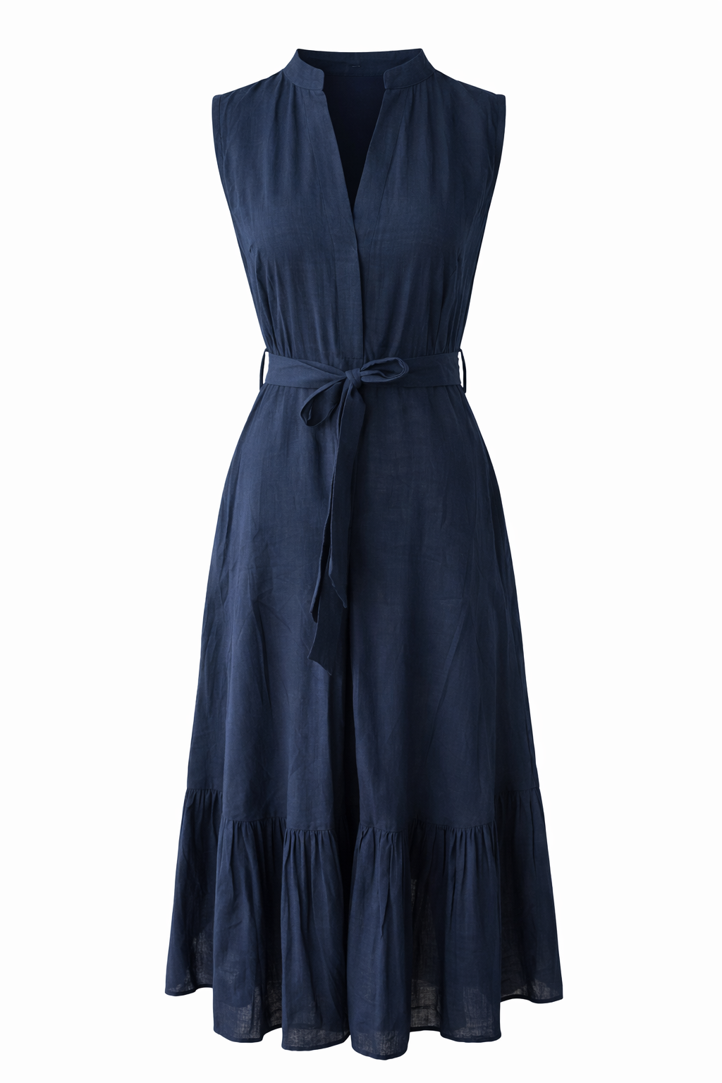 Cotton midi dress with matching tie belt and tiered skirt
