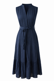 Cotton midi dress with matching tie belt and tiered skirt