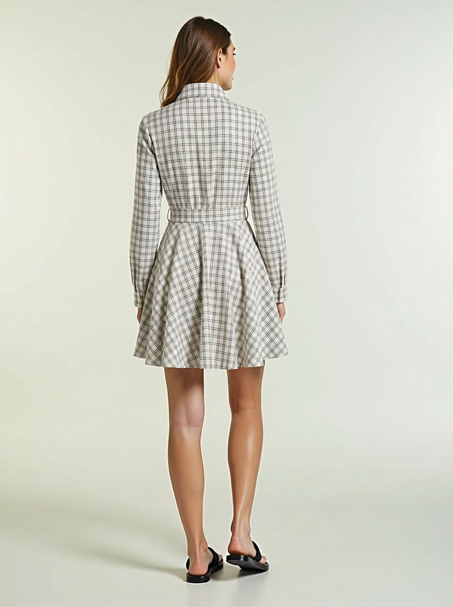 Black check mini dress with waist tie belt